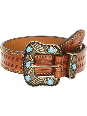 Unisex Brown Leather Belt Western Vintage Belt Engraved Cowboy Cowgirl Belt